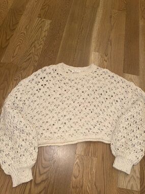 Miss Love Open-Knit Crochet Crewneck Cropped Sweater